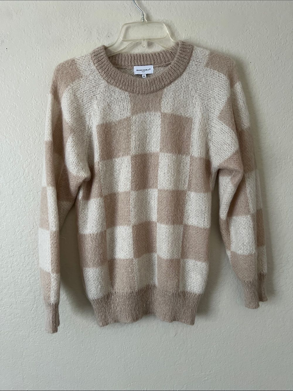 EUC Bianco & Blu Italy Checkered Beige Sweater Mohair Blend Size M